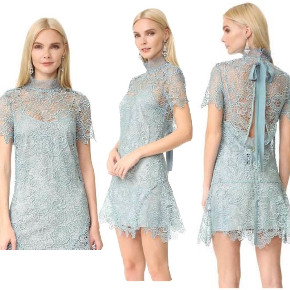 SELF PORTRAIT PEEP BACK FLORAL LACE MINI DRESS LIGHT BLUE 4